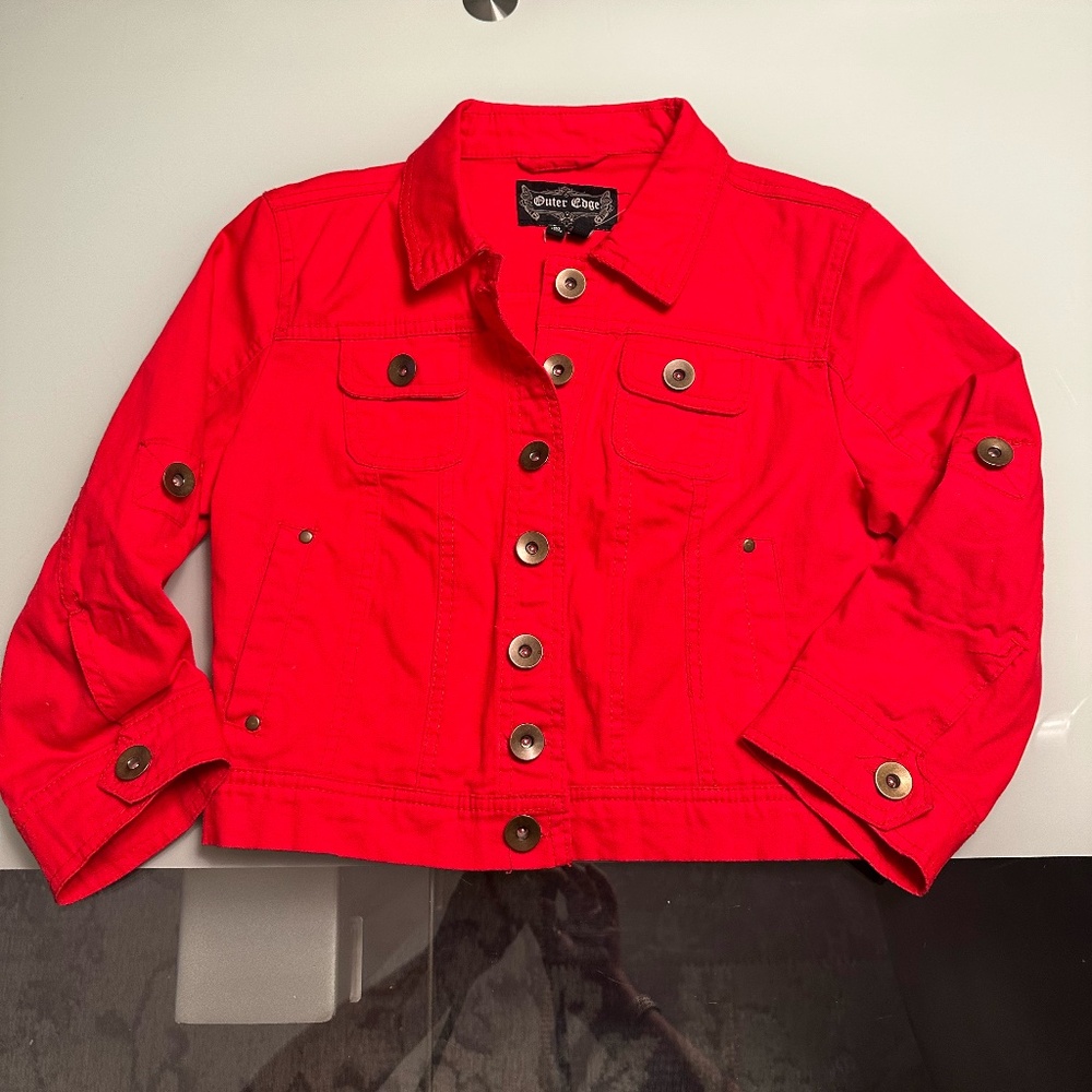 Women's Outer Edge Red Cotton Crop Lightweight Jacket ~ XL